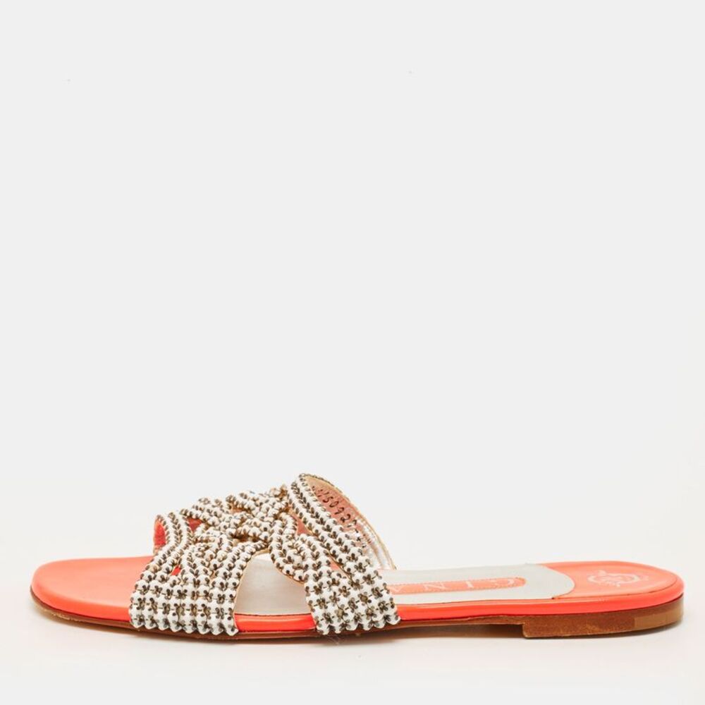Gina Size 37.5 Pink Leather Crystal Embellished  Flat Slides